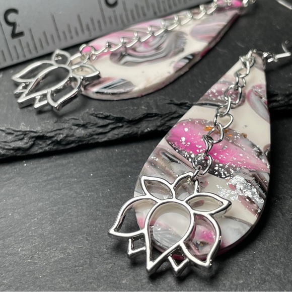 Elegant Pink, Gray and Silver Artisan Lotus Flower Dangle Earrings - Picture 9 of 12